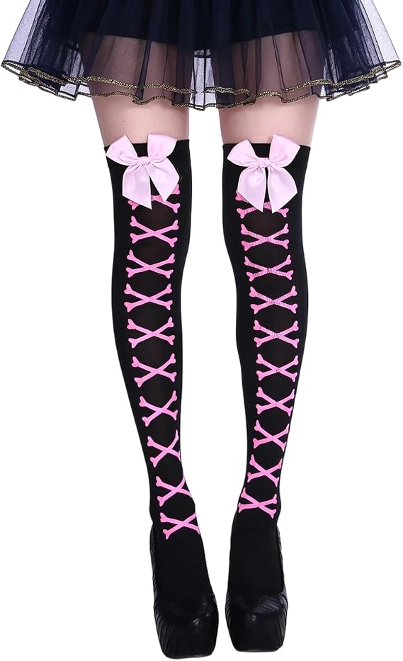 Foidiccx Women Gothic Thigh High Socks Y2K E Girl Halloween Cosplay Punk Stocking - sugar skull costume