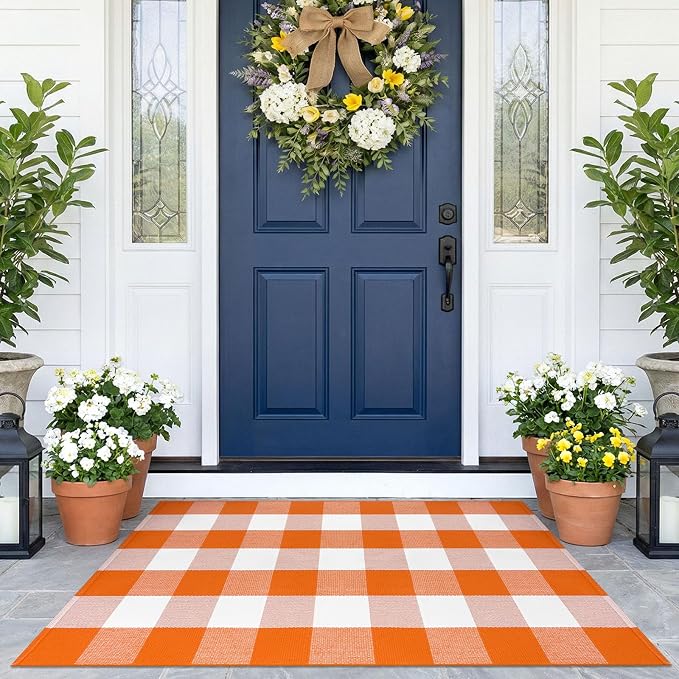KOZYFLY Buffalo Plaid Rugs 2.3×3.6 ft Halloween Orange White Front Door Mat