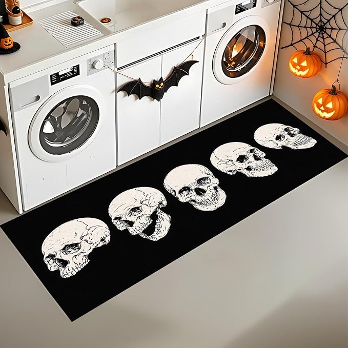 Skull Halloween Laundry Room Rug 20x47 Inch – Gothic Skull Non Slip Runner Mat, Dark Aesthetic Kitchen Rug, Halloween Laundry Room Floor Carpet - skull carpet