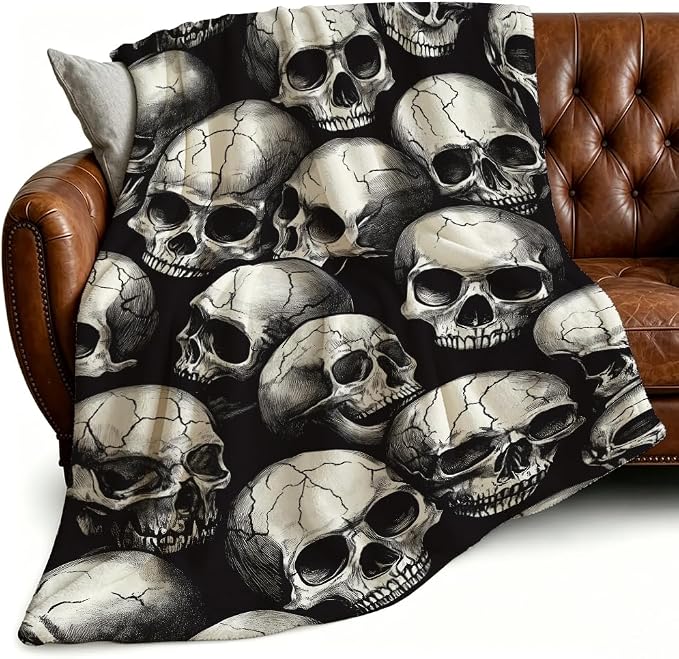 Skull Blanket Gothic Throw Blanket Skeleton Print Dark Aesthetic Decor Halloween Bedding Warm Soft Flannel for Bed Sofa Couch (49in x 59in) - skull blanket