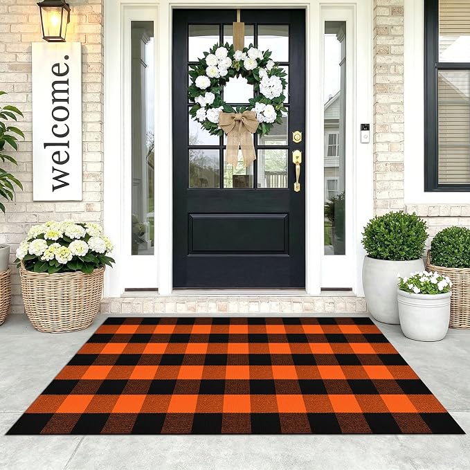 KOZYFLY Buffalo Plaid Rugs 3×5 ft Halloween Orange and Black Front Door Mat