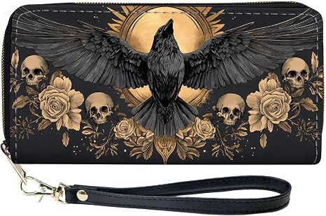 Wing Raven Rose Skull Wallet with Wristlet Strap, PU Leather Large Capacity Long Wallet Bifold Clutch Purse with Card Slots & Coin Pocket Fashion Zip Around Wallet Gift (Wing Raven Rose Skull Gothic) - skull wallet
