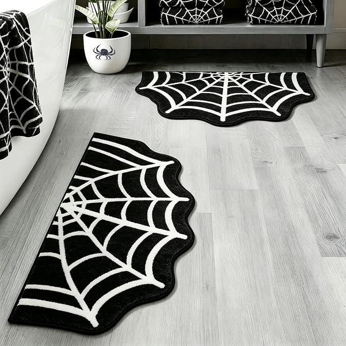 2 Pcs 20x31 Halloween Spider Web Bath Mats, Non Slip Bathroom Rug - skull toilet mat