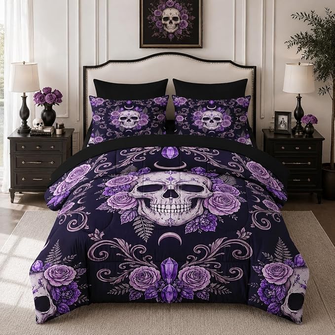 Queen Comforter Set with Sheets, 7 Pieces Skull Gothic Bedding - skull bedding