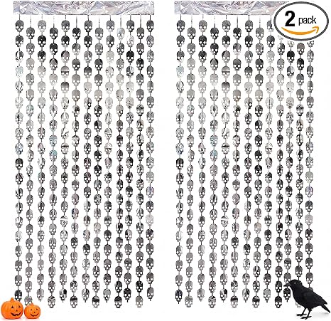 Halloween Silver Skull Fringe Curtains 2PK 3.3x6.6ft Party Decor - skull sticker