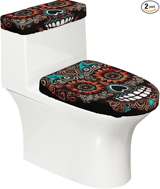 Sugar Skulls Day of the Dead Toilet Lid Cover and Toilet Tank Cover Washable Decorative Toilet Cover Set with Elastic Bottom Soft Stretch Toilet Seat Covers for Bathroom Decor Accessories - skull toilet paper