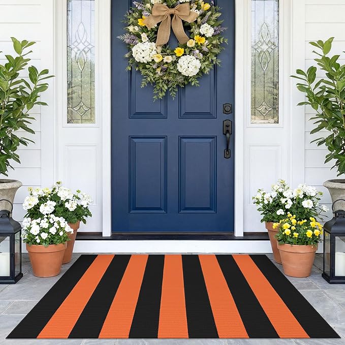 KOZYFLY Striped Rug 2.3x3.6 ft Orange Black Halloween Woven Front Door Mat - skull floor mat