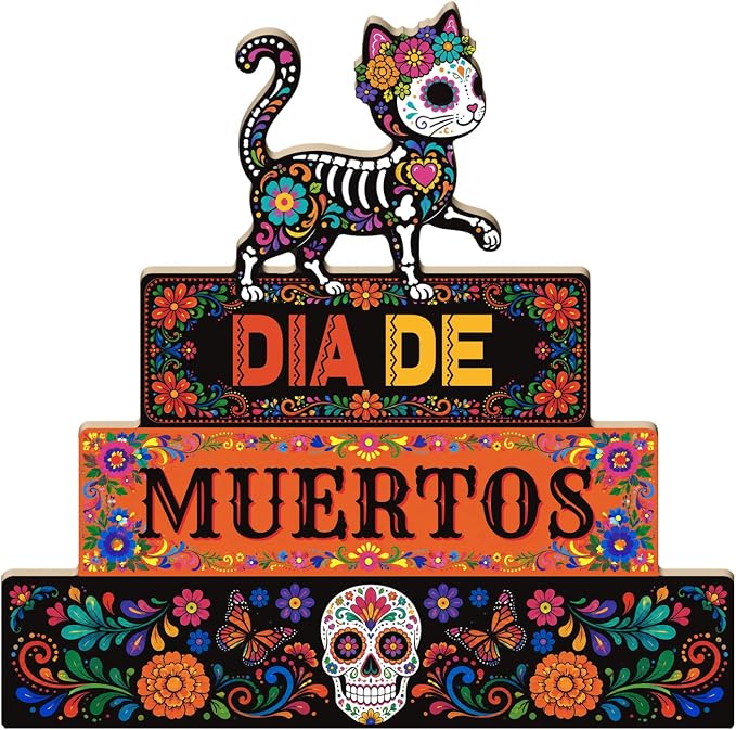 Putuo Decor Day of the Dead Decorations, Cat Skull Figures Table Sign - skull candle