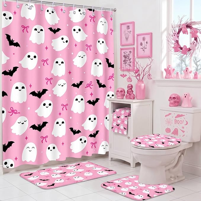 6 Pcs Halloween Ghost Bathroom Set 72" Shower Curtain Rugs, Pink - skull toilet paper