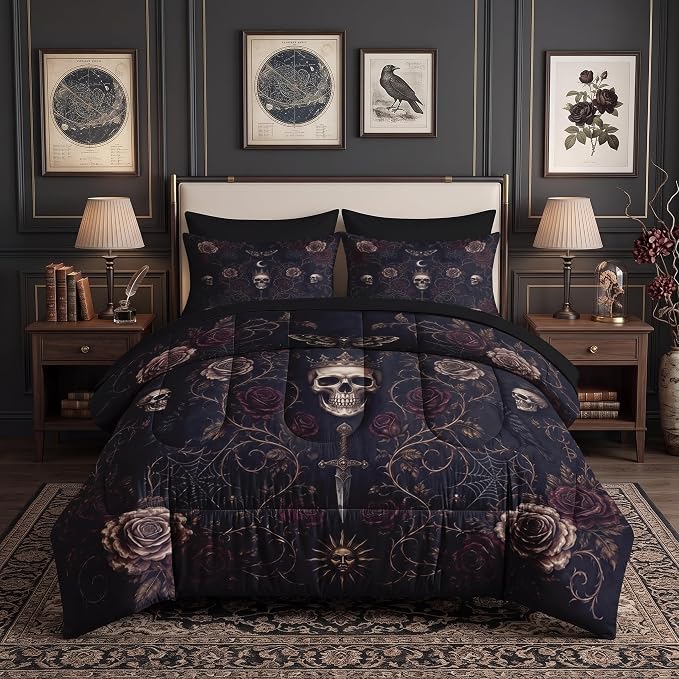 Queen Size Comforter Set with Sheets, 7 Pieces Gothic Skull Bedding - skull bedding