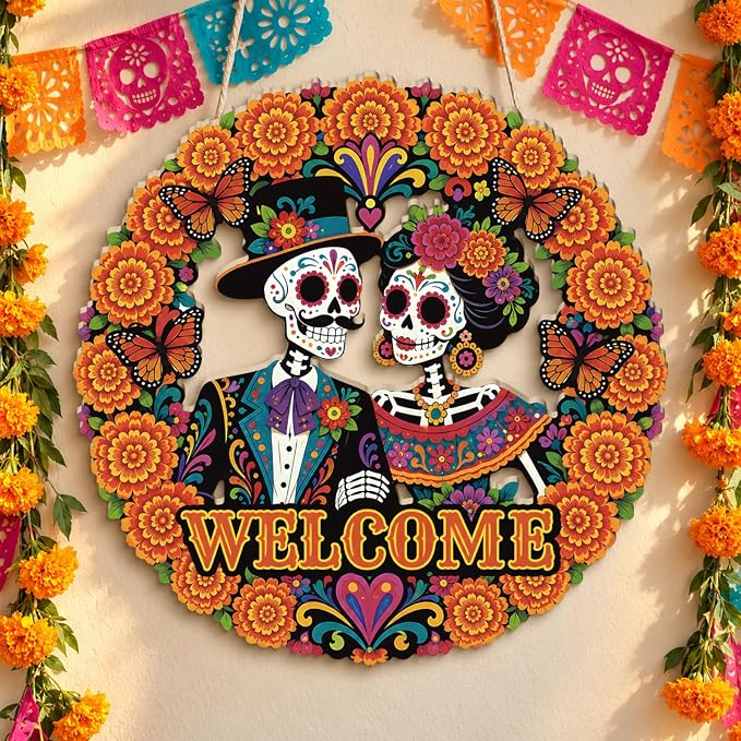 Putuo Decor Dia de los Muertos Skeleton Couple Welcome Wall Sign
