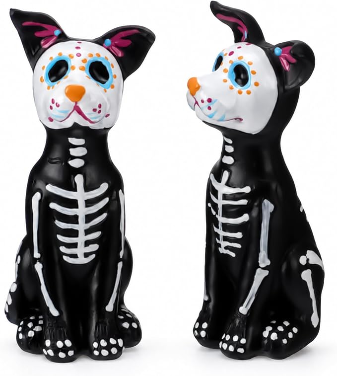 2 Pcs Dia De Los Muertos Dog Sugar Skull Figurines - skull plate