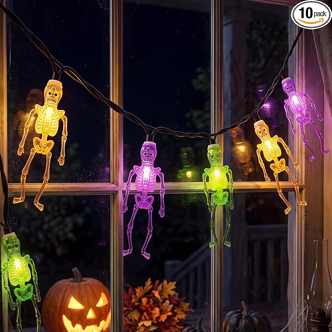 8.5Ft Halloween Skeleton String Lights Outdoor, 10 LED Skull Lights Plug In