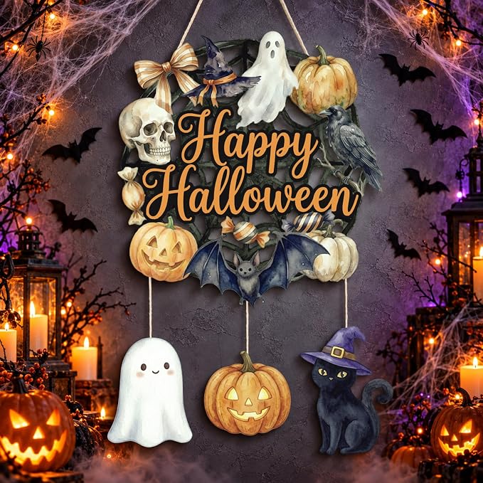 Putuo Decor Halloween Wreath for Front Door, Halloween Wall Decor for Home - skull wreath