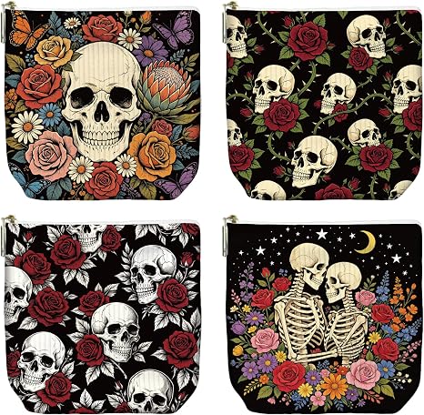 peacoblue Skulls with Flowers Makeup Bag, Corduroy Pouches for Purse 4PCS - sugar skull handbags for sale