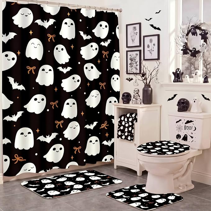 6 Pcs Halloween Ghost Bathroom Set 72" Shower Curtain Rugs, Black - skull toilet paper