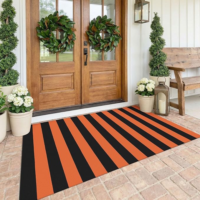 KOZYFLY Striped Rug 4x6 ft Orange and Black Halloween Fall Front Door Rugs - skull carpet