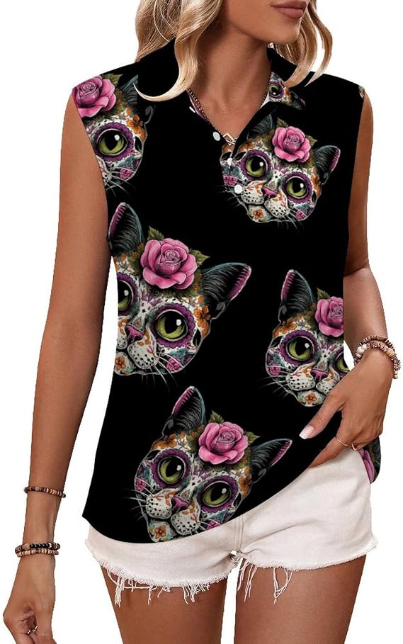Sugar Skull Cat Womens Sleeveless V Neck Golf Polo Shirts - skull tank tops