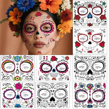 Halloween Temporary Face Tattoos Makeup Kit, Day of the Dead Sugar Skull Floral Black Skeleton Web Red Roses Full Face Mask Stickers Tattoo Families Party Supplies-8 Sheets - sugar skull makeup