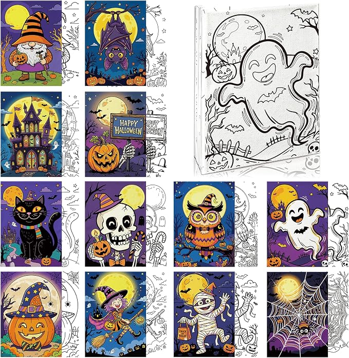 Halloween Pre Drawn Canvas to Paint, Pre Printed Canvas Boards, Pre Stretched Outline Painting Kits for Beginners, Adults, Party Favors & Spring Craft Activities - skull painting