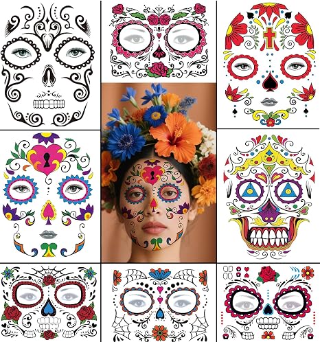 Halloween Temporary Face Tattoos Makeup Kit, Day of the Dead Sugar Skull Floral Black Skeleton Web Red Roses Full Face Mask Stickers Tattoo Families Party Supplies-8 Sheets - sugar skull makeup