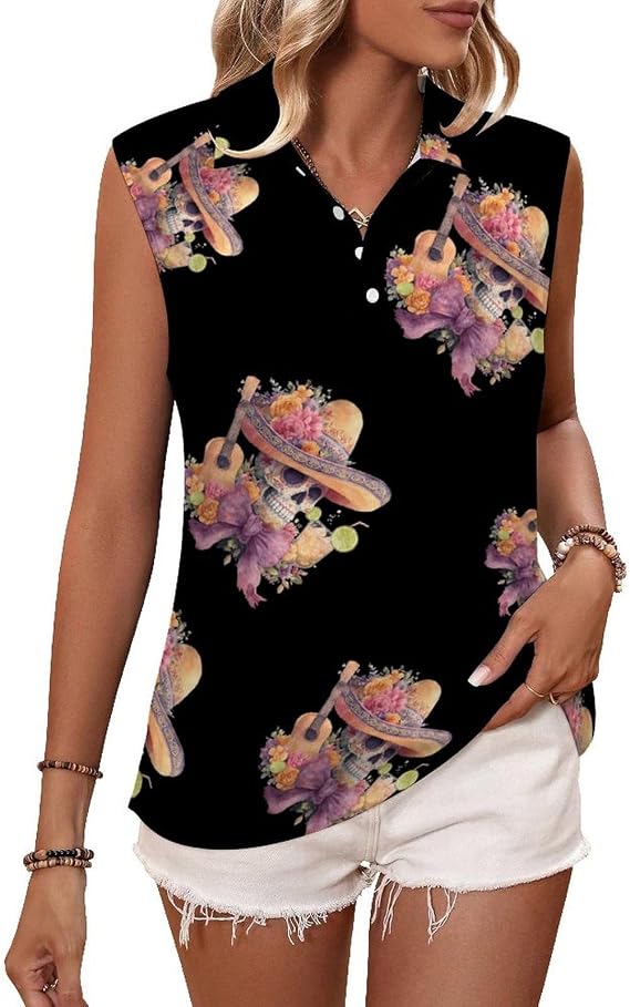 Mexican Sugar Skull Womens Sleeveless V Neck Golf Polo Shirts - skull tank tops