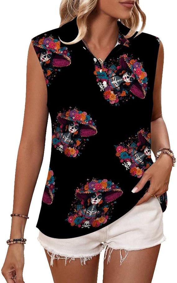 Colorful Sugar Skull Woman Womens Sleeveless V Neck Golf Polo Shirts - skull tank tops
