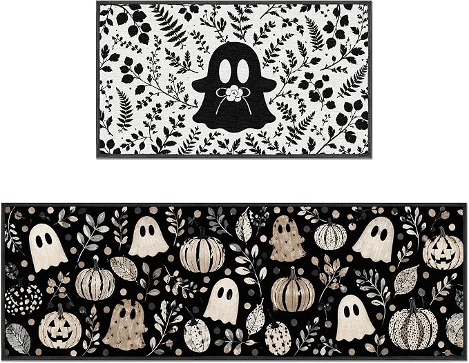 Romart Halloween Kitchen Rugs Set of 2, Black White Ghost Kitchen Mats