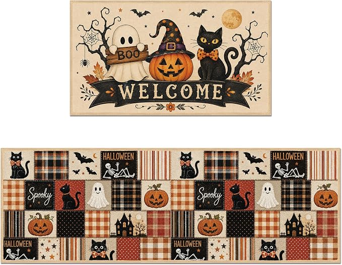 Halloween Kitchen Rugs Set of 2, Black Cat Ghost Pumpkin Kitchen Mats - skull floor mat