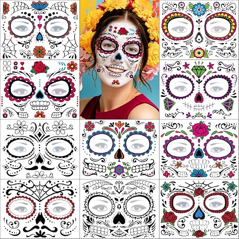 Day of the Dead Face Tattoos 10 Sheets, Halloween Temporary Tattoos Sticker Kit Día de Los Muertos Glitter Red Roses Skeleton Sugar Skull Fake Tattoo for Halloween Makeup on Face Body - sugar skull makeup