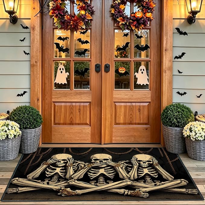 Skeletons Area Rug 2x3FT, Gothic Halloween Entryway Rug, Non Slip Front Door Mat, Skeleton Decor Indoor Floor Carpet Home Decor - skull floor mat