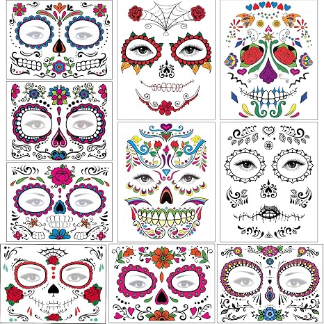Halloween Temporary Face Tattoos Makeup Kit, Day of the Dead Sugar Skull Floral Black Skeleton Web Red Roses Full Face Mask Stickers Tattoo Families Party Supplies-10 Sheets - sugar skull makeup