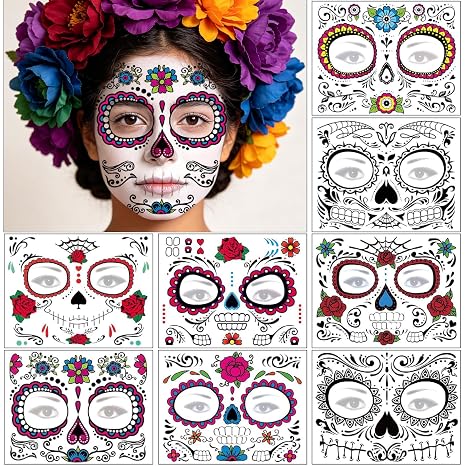 Halloween Temporary Face Tattoos Makeup Kit, 8 Sheets Day of the Dead Sugar Skull Floral Black Skeleton Web Red Roses Full Face Mask Stickers Tattoo Families Party Supplies - sugar skull makeup