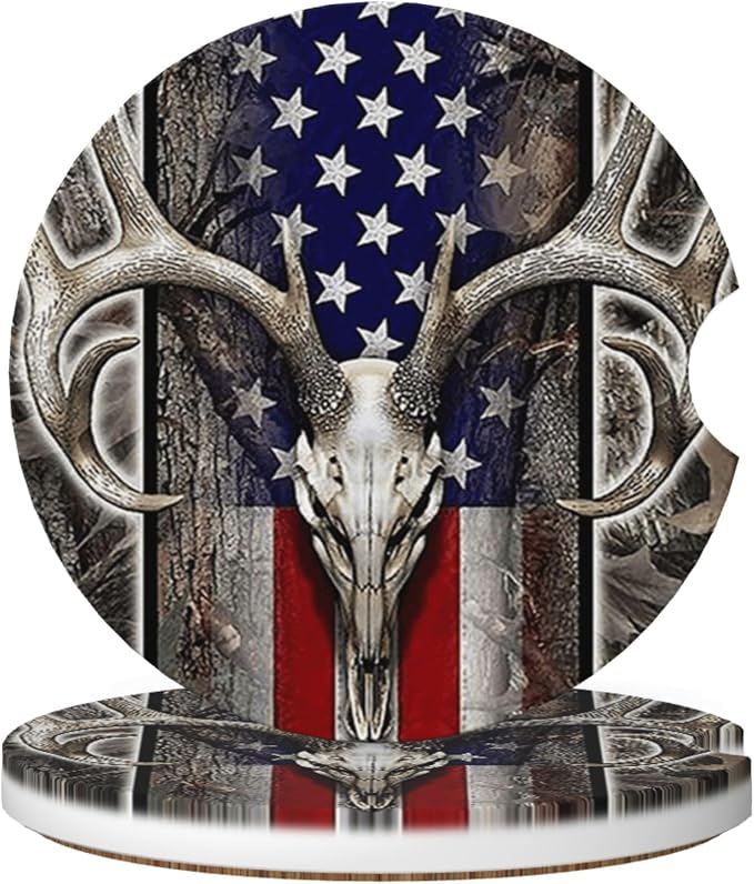 Car Coasters for Cup Holder 2 Pack - Deer Skull American Flag - skull coaster