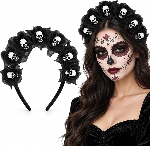 Housoutil Halloween Skull Flower Headband, Gothic Day of the Dead Crown - skull headband