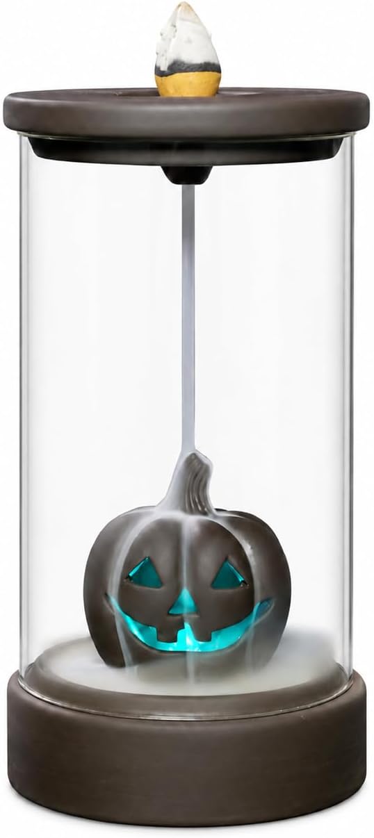 Jack-O’-Lantern Backflow Incense Burner with Glass Dome, Pumpkin Incense Holder with Waterfall Smoke Effect & LED light, Halloween Gothic Home Décor +20 Incense Cones +1 Tweezer & Mat for Aromatherapy - skull incense burner