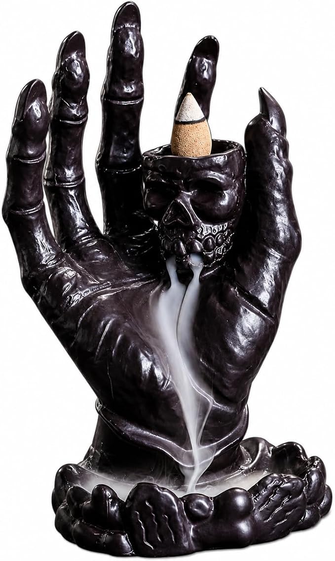 Resin Skull Reaper Backflow Incense Burner, Gothic Skeleton with Creepy Hands & Smoke Waterfall Effect Incense Holder +20 Incense Cones +1 Tweezer/Mat for Aromatherapy & Home Halloween Décor - skull incense burner