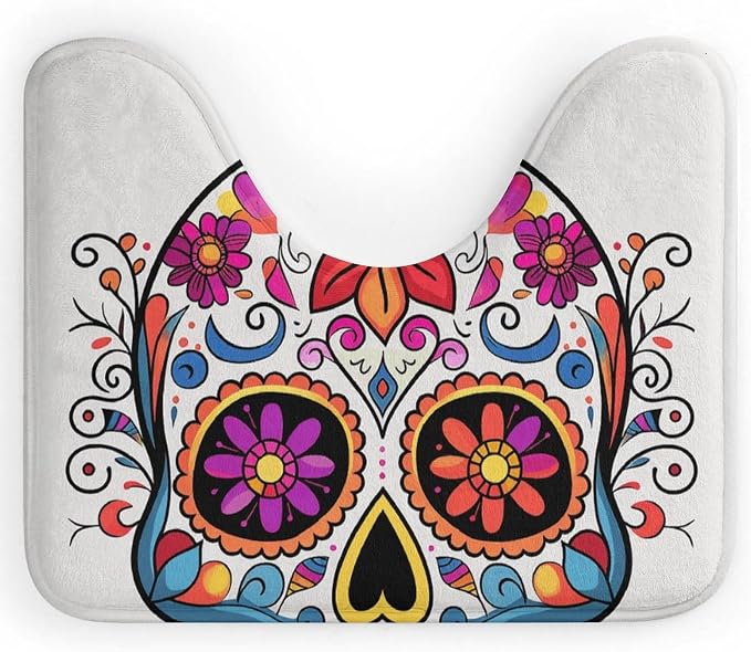 Sugar Skull Toilet Bath Mat for Home, U-Shaped Toilet Rug for Hotel, Waterproof Commode Contour Rug, Non-Slip Bath Rugs, Washable Floor Mat, Commode Contour Pad, 16"x20" - skull toilet rug