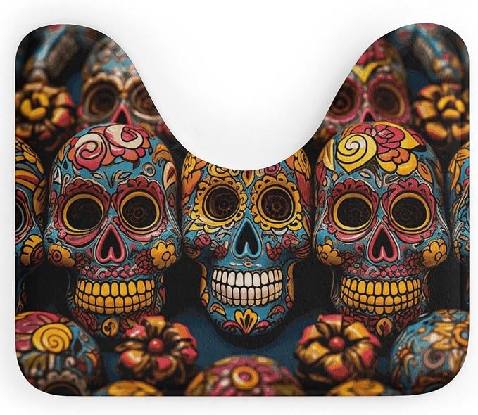 Colorful Sugar Skulls Toilet Bath Mat for Home, U-Shaped Toilet Rug for Hotel, Waterproof Commode Contour Rug, Non-Slip Bath Rugs, Washable Floor Mat, Commode Contour Pad, 16"x20" - skull toilet mat