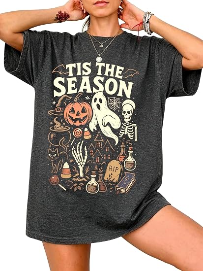 Tis The Season Halloween Shirts Women Oversized Spooky Season Ghost T-Shirt - skull tshirt