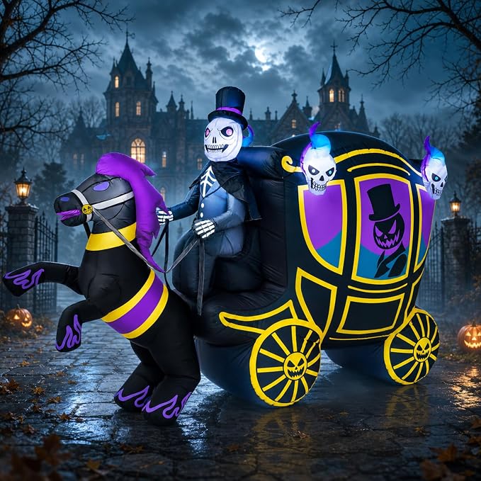 10FT Long Halloween Inflatable Decorations Outdoor Skeleton Carriage & Horse with Bright Built-in LEDs, Giant Halloween Blow Up Yard Decoration Large Blowups with Creepy Spooky for Lawn Party - skull inflatable
