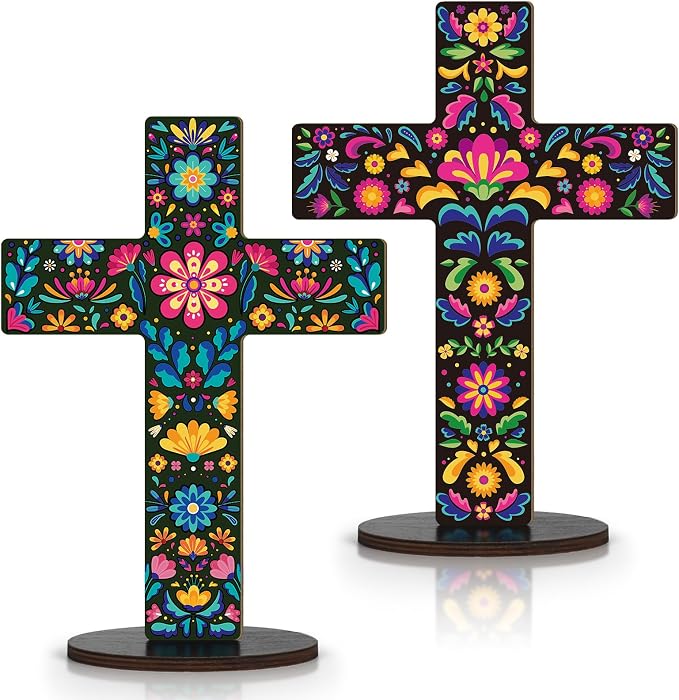 2 Pcs Wooden Mexican Cross Table Centerpiece Indoor Cross Day of The Dead Tabletop Decoration Dia De Los Muertos Altar Decor Spanish Crucifix for Home Church Holiday Desk Tiered Tray Party Shelf