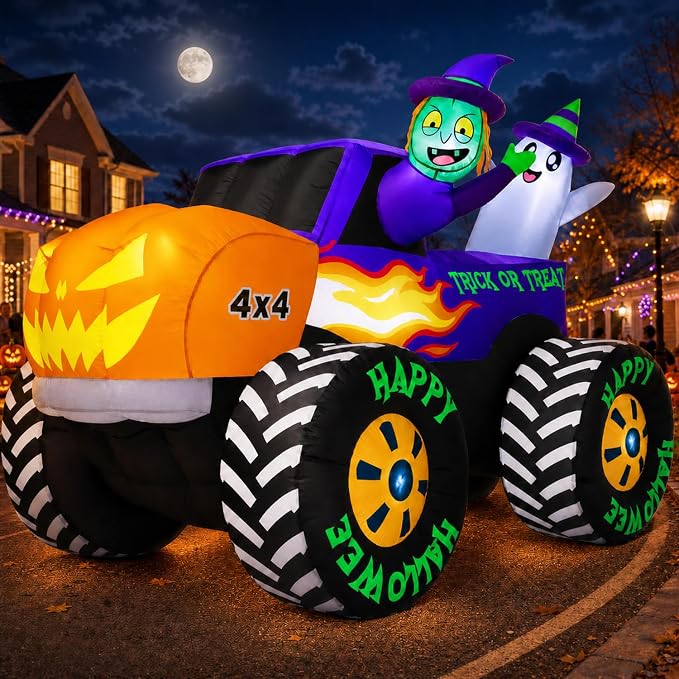 zukakii 8FT Long Giant Halloween Inflatables Decoration Outdoor Monster Truck Car-Halloween Decorations Blow Up Built-in LEDs Huge Pumpkin Blowups Easy Setup Strong Blower for Yard Party - skull inflatable