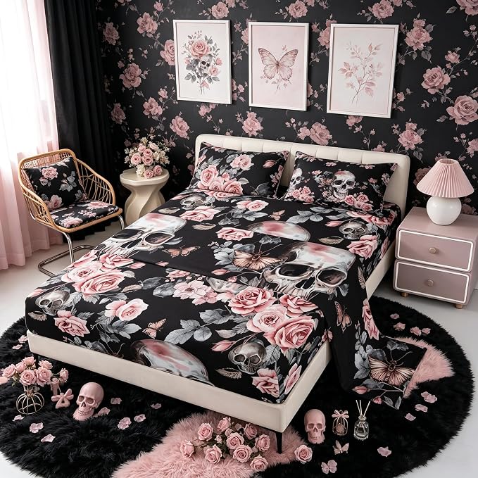 Feelyou Sugar Skull Bed Sheets Sets King Size Kids Boys Girls Halloween Themed Bedding Set Rose Floral Flower Bed Sheet Set with 16-Inch Deep Pockets Cemetery 4Pcs with 2 Pillow Cases Goth - skull bedding
