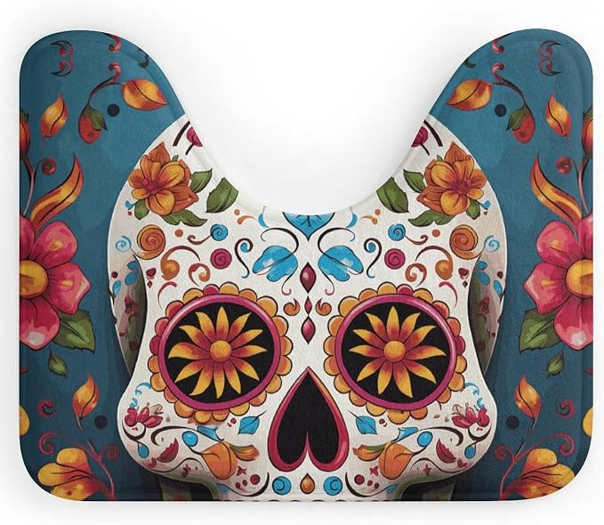 Colorful Sugar Skull Toilet Bath Mat for Home, U-Shaped Toilet Rug for Hotel, Waterproof Commode Contour Rug, Non-Slip Bath Rugs, Washable Floor Mat, Commode Contour Pad, 16"x20" - skull toilet mat