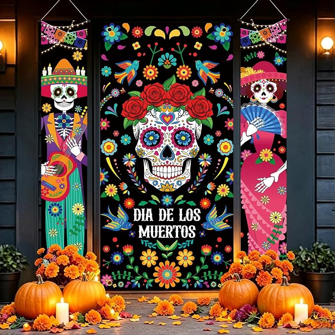 3Pcs Day of the Dead Door Cover Dia De Los Muertos Party Door Decorations - skull floor mat