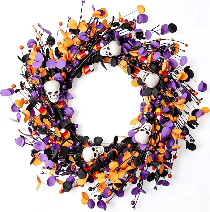 Halloweeen Wreath with White Skull 22 Inch Halloween Wreaths for Front Door with Black Eucalyptus Leaves White Skull Orange Berries for Window Porch Indoor Party Holiday Wall Home - skull wreath