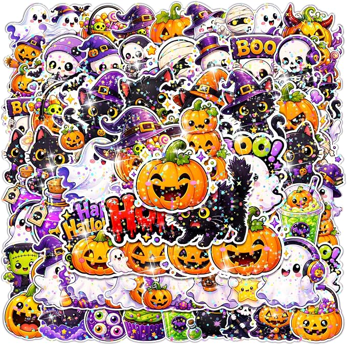 100 PCS Halloween Theme Waterproof Vinyl Glitter Holographic Stickers - skull sticker