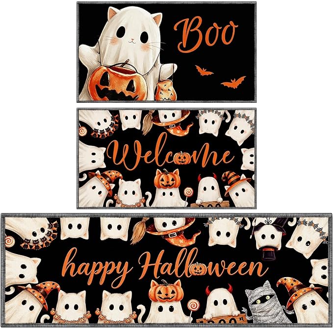 Halloween Ghost Kitchen Mats Set of 2 Non Slip Rug Home Decor - skull floor mat
