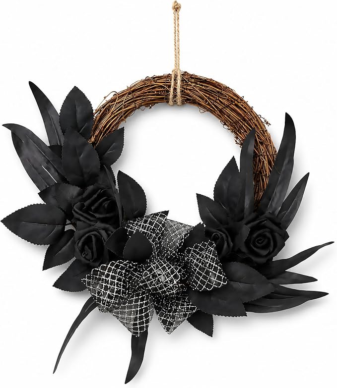 Artilady Halloween Wreaths for Front Door Gothic Black Rose Bow Porch Decor - skull wreath